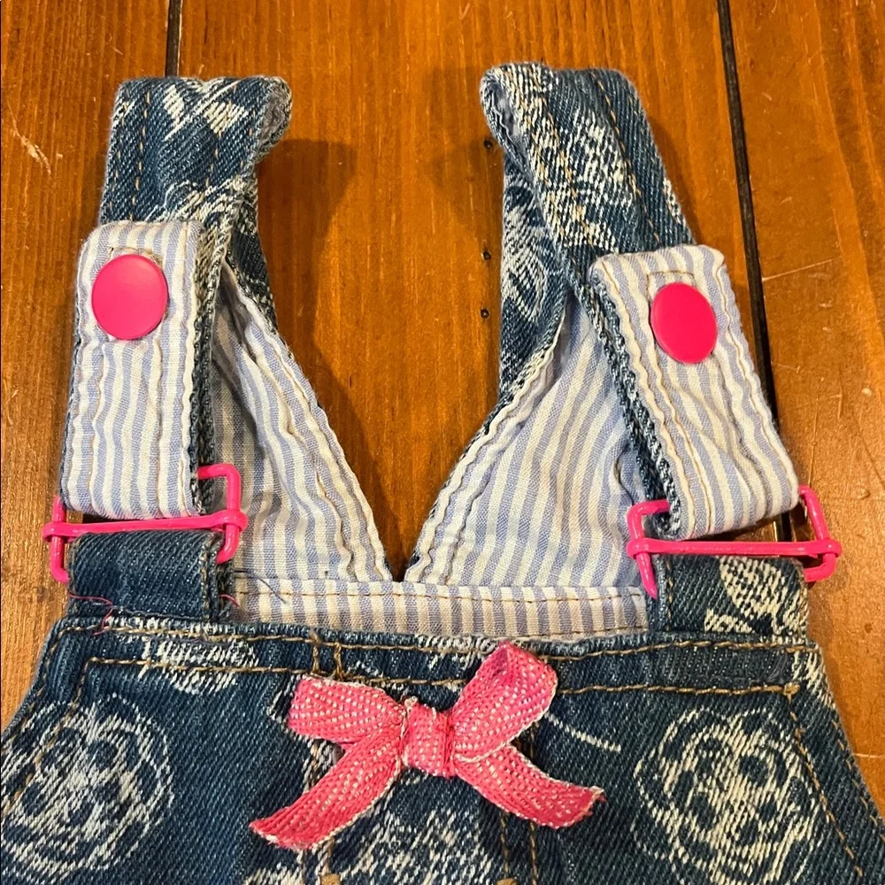 Girls Floral Print Denim Short Overalls W/Pink Trim i Bow Accents 18 Months EUC